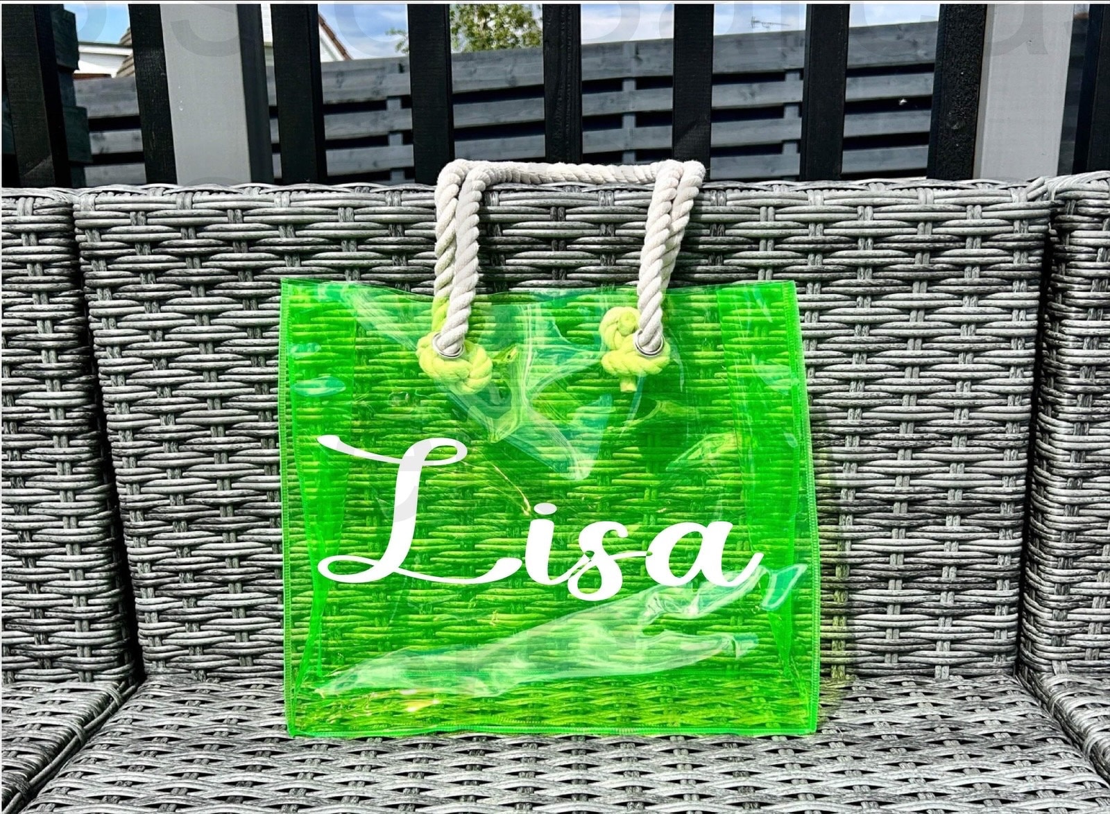 Personalised PVC Beach Bag with Sturdy Rope Handle - various colours available, perfect for holiday, holiday beach bag, neon beach bags,