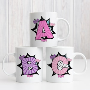 Niños nombre personalizado regalo taza número carta, Comic Bang rosa azul superhéroe cumpleaños regalo de Navidad, hermano hermana nieto