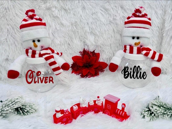 Personalised Kids Christmas Sweet Candy Jar Tub Santa Snowman
