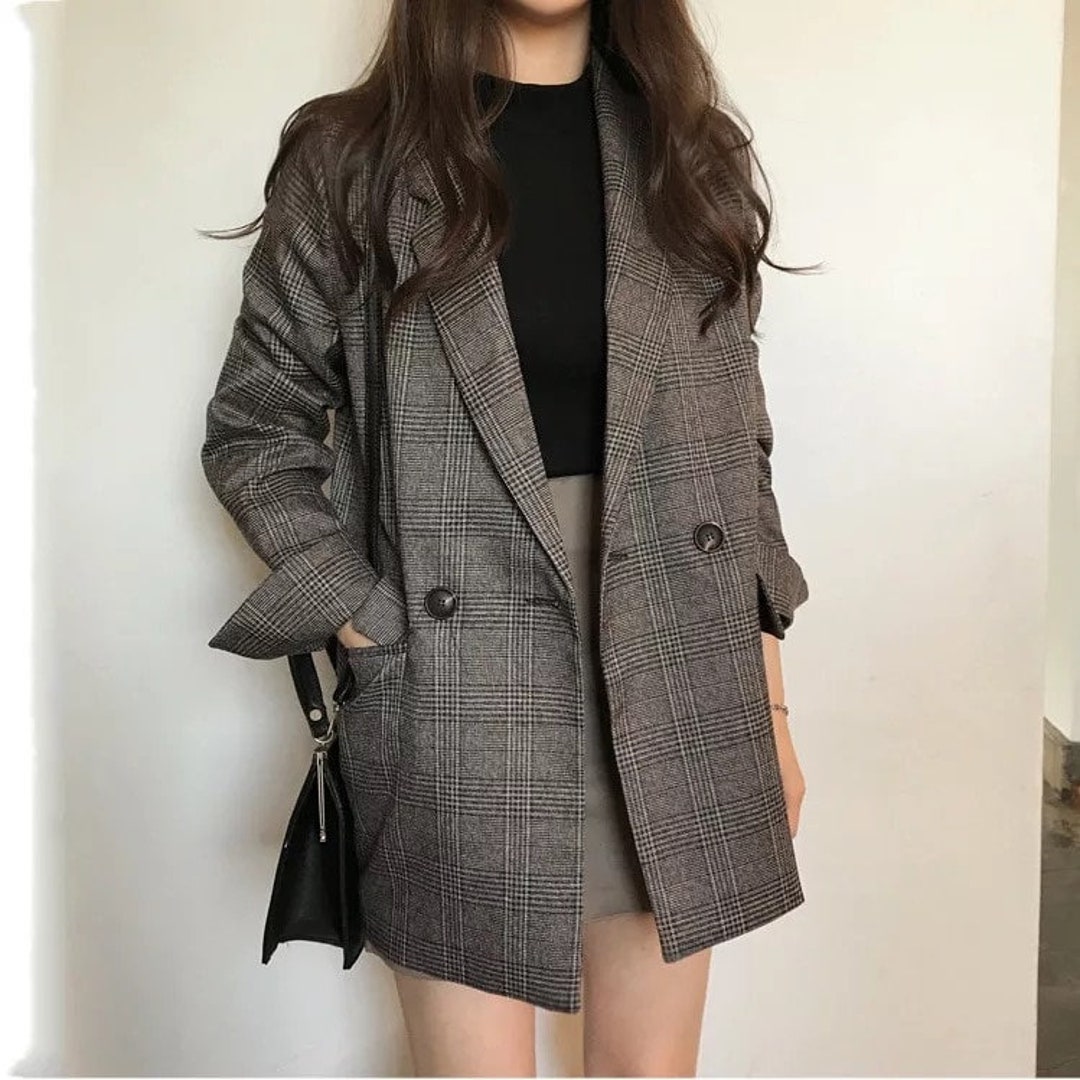 Women Coat Check Long Sleeve Cotton Jacket/ Women Casual Coat/ - Etsy