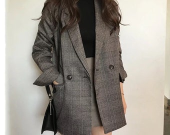 Women Coat Check Long Sleeve Cotton Jacket/ women Casual Coat/ women office coats/ Women Blazer Wool Blend Formal Long Jacket coat/