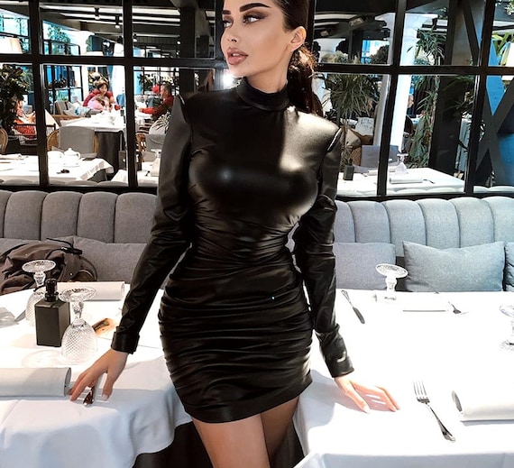 Women Leather Black Sexy Dresses Party 