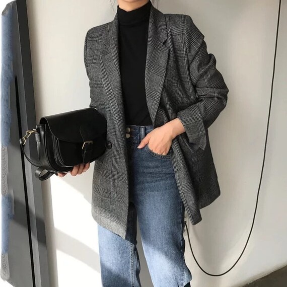 Women Coat Check Long Sleeve Cotton 
