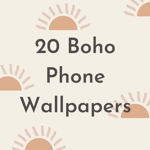 May include: A digital illustration of 20 boho phone wallpapers featuring a repeating pattern of peach-colored suns with pink rays on a light beige background. The text "20 Boho Phone Wallpapers" is centered on the image.