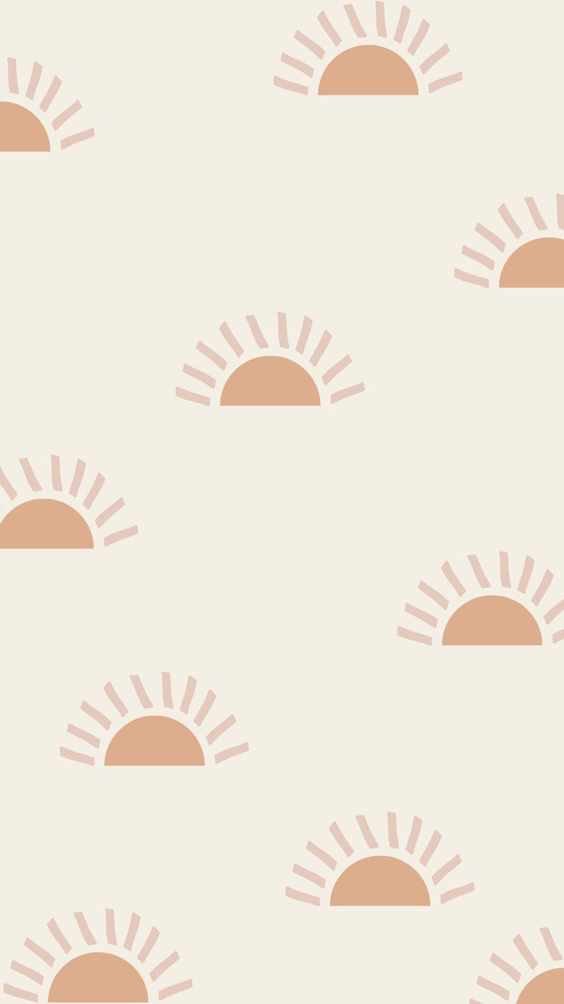 May include: A seamless pattern featuring a repeating design of stylized suns with pink rays and peach-colored centers on a light beige background.