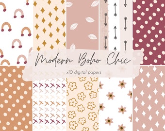 Boho Chic Scrapbooking Paper Printable, Pink Decorative Craft Paper, Positive Patterns, Rainbow Digital Print