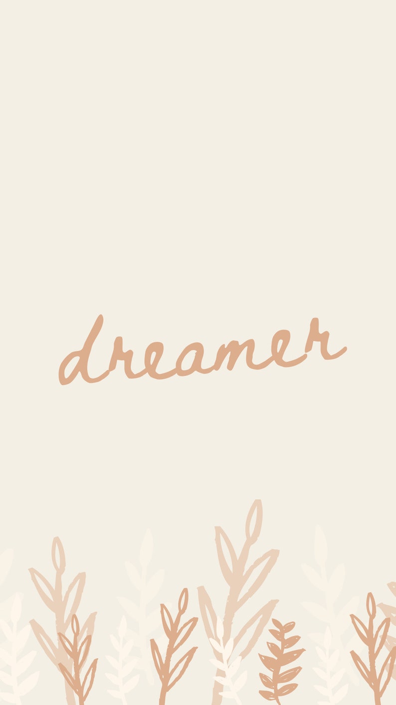 May include: A beige background with the word "dreamer" written in a light brown cursive font. The bottom of the image features a row of stylized brown and white leaves.