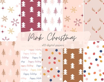 Pink Christmas Scrapbook Paper Printable, Christmas Decorative Craft Paper, Boho Holiday Gift Wrap Papers