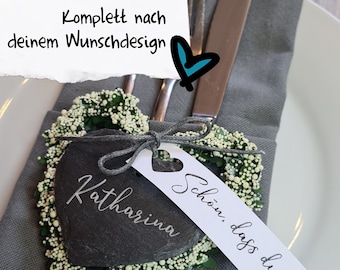 Schieferherz - mit Name, Text - Platzkärtchen, Gastgeschenk - Hochzeit, Taufe, Kommunion, Geburtstag, ...