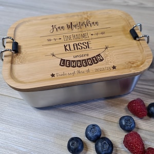 Geschenk für Lehrer/Lehrerin - Lunchbox aus Edelstahl mit Bambusdeckel personalisiert mit Name und Klasse, Danke sagen, Erinnerung
