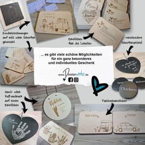 Individuelle Geschenkideen von Deisterwerke, Beispiele Kinderzeichnungen auf Holz oder Schiefer oder Handabdruck Fußabdruck in Originalgröße, Partnerbrettchen, Geschenke, Schieferherzen, Untersetzer mit Name nach Wunschdesign