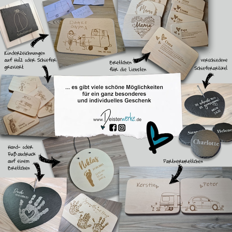 Individuelle Geschenkideen von Deisterwerke, Beispiele Kinderzeichnungen auf Holz oder Schiefer oder Handabdruck Fußabdruck in Originalgröße, Partnerbrettchen, Geschenke, Schieferherzen, Untersetzer mit Name nach Wunschdesign