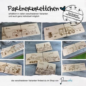 K&ouml;nnte beinhalten: Eine Sammlung rechteckiger Holzbretter mit lasergravierten Illustrationen von Wohnmobilen, Autos und Reiseszenen. Jedes Brett ist mit Namen wie Nina, Thorsten, Rosi, Michael, Annette, Ole, Jana, Ralf, Paula und Jonas personalisiert.