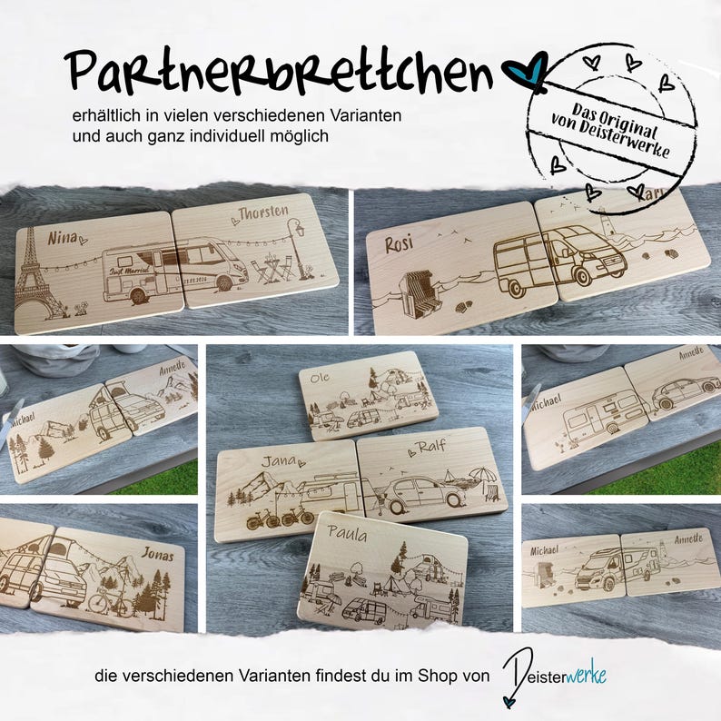 K&ouml;nnte beinhalten: Eine Sammlung rechteckiger Holzbretter mit lasergravierten Illustrationen von Wohnmobilen, Autos und Reiseszenen. Jedes Brett ist mit Namen wie Nina, Thorsten, Rosi, Michael, Annette, Ole, Jana, Ralf, Paula und Jonas personalisiert.