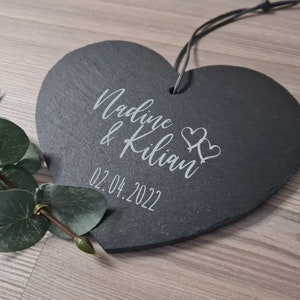 Schieferherz Hochzeit, Hochzeitstag - Design 3 - personalisiert, Brautpaar, Hochzeitsdatum