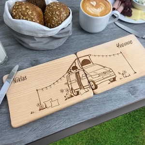Urlaub mit Dachzelt Brettchen Set Partnerbrettchen Van Camper mit Dachzelt für Campingfans Dauercamper Vanlife Urlaub mit dem Campingbus auf dem Campingplatz besondere Geschenkidee  mit Namen personalisiert individuelles Geschenk