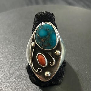 Vintage Navajo Turquoise and Coral Ring