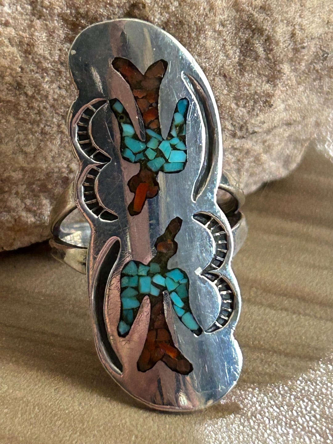 Vintage Navajo Turquoise and Coral Inlay Ring - Etsy
