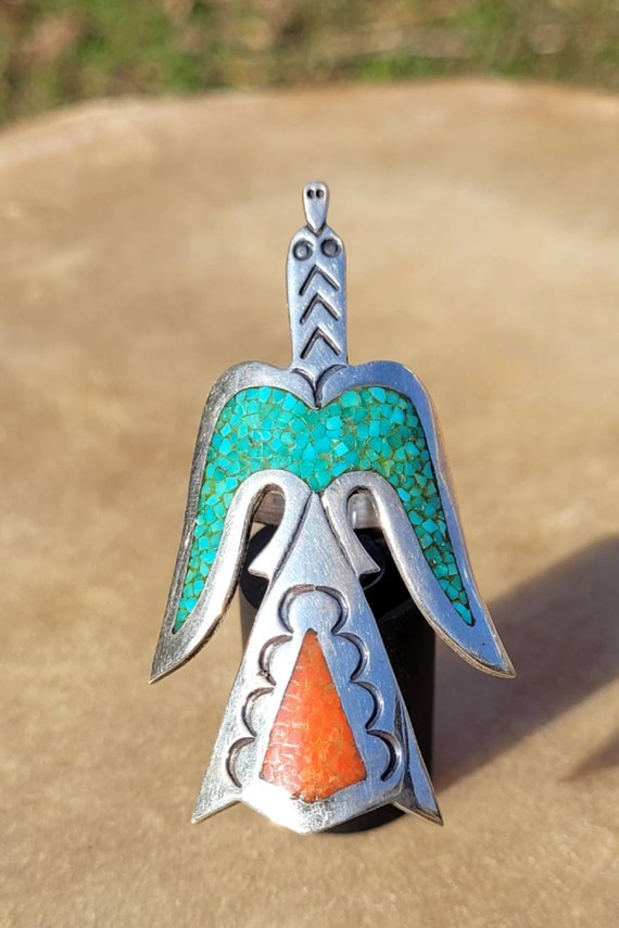 Vintage Navajo Turquoise and Coral Peyote Bird Rin