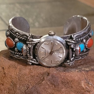 Vintage Turquoise & Coral Watch Cuff