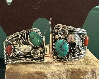 Vintage Navajo Turquoise and Coral Watch Tips