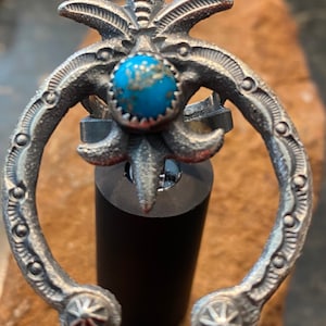 Navajo Kevin Billah Sandcast Sterling Silver and Bisbee Turquoise Naja Statement Ring