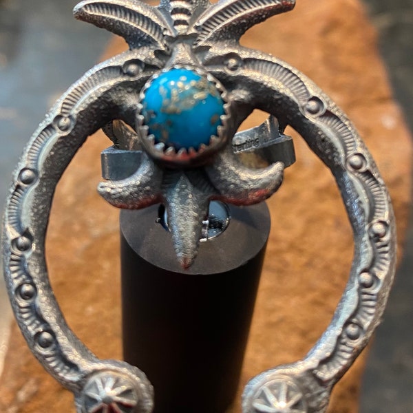 Navajo Kevin Billah Sandcast Sterling Silver and Bisbee Turquoise Naja Statement Ring