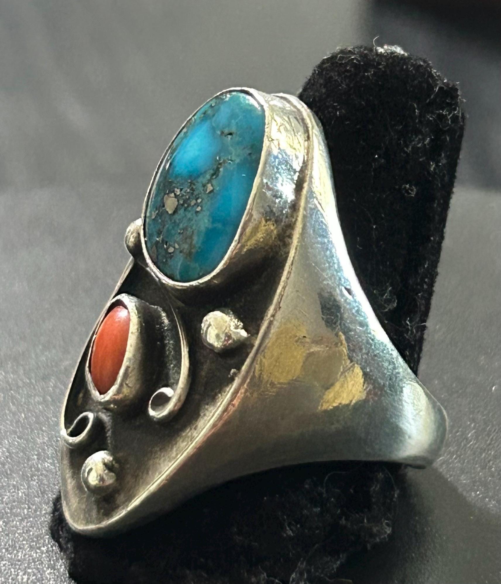 Vintage Navajo Turquoise and Coral Ring - Etsy