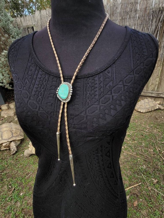 Vintage Two Tone Leather and Turquoise Bolo Tie - image 3