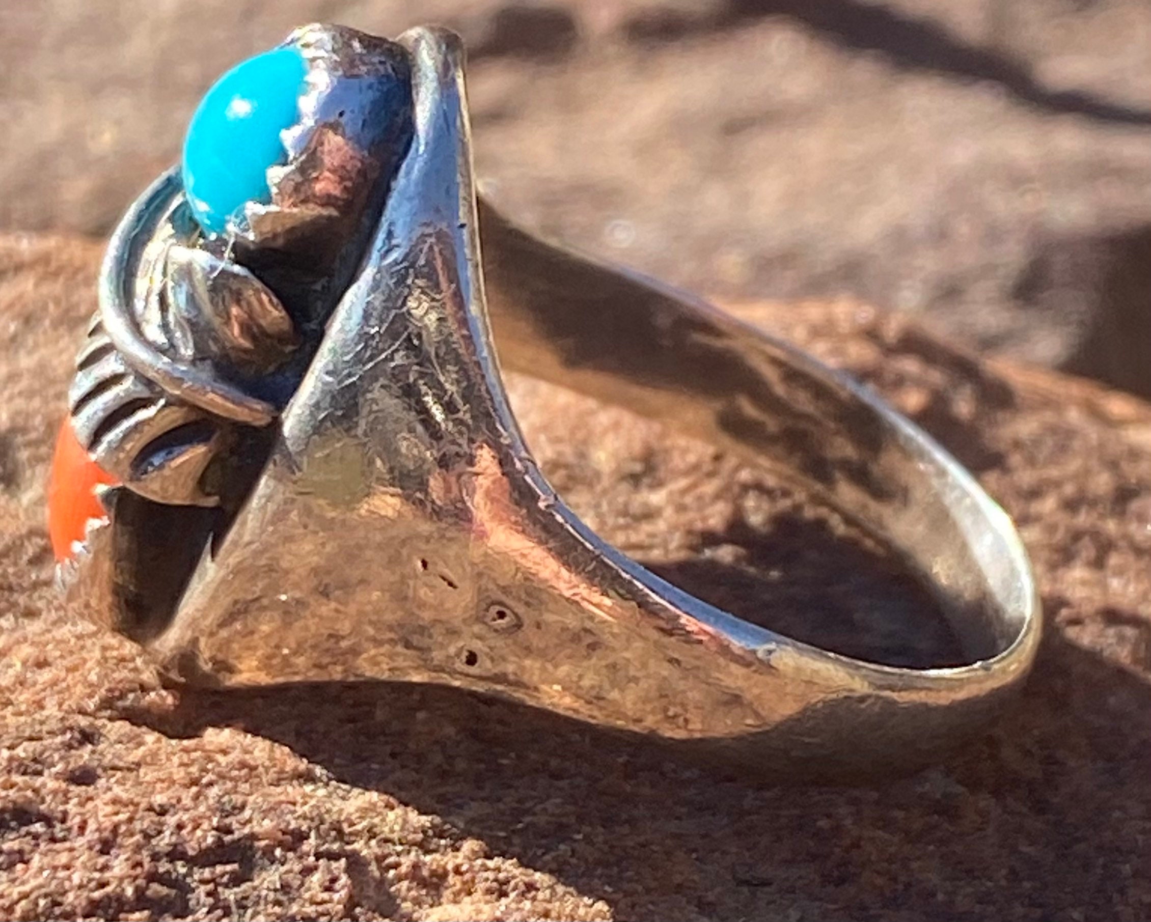 Vintage Navajo Turquoise and Coral Sterling Silver Ring - Etsy