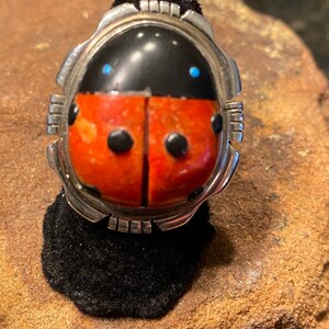 Huge Fat Native American Navajo Ladybug Turquoise Sterling Silver Coral Ring Huge Fat Native American Navajo Ladybug Turquoise Sterling Silver Coral Ring