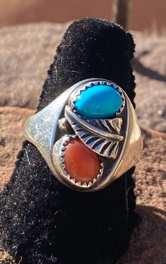 Vintage Navajo Turquoise and Coral Sterling Silve… - image 2