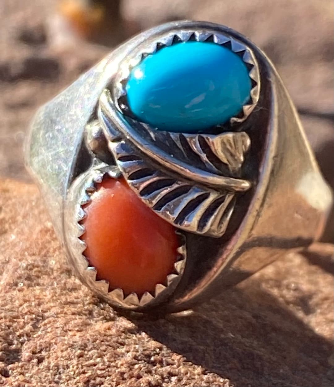 Vintage Navajo Turquoise and Coral Sterling Silver Ring - Etsy