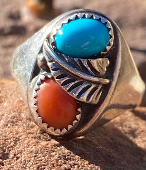 Vintage Navajo Turquoise and Coral Sterling Silve… - image 1