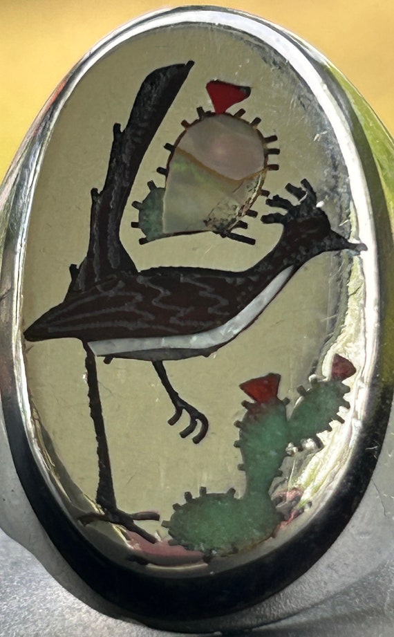 Vintage Navajo Inlay Roadrunner Desert Ring