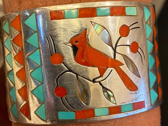 Extreme Detailed Cardinal Vintage Native American Zuni Coral Lapis Sterling Silver Bracelet Extreme Detailed Cardinal Vintage Native American Zuni Coral Lapis Sterling Silver Bracelet