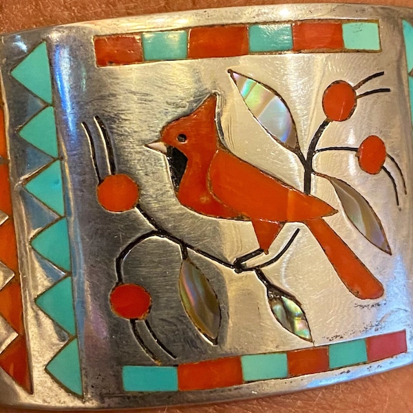 Nancy Haloo Zuni Coral Inlay Cardinal and Turquoise Cuff Bracelet