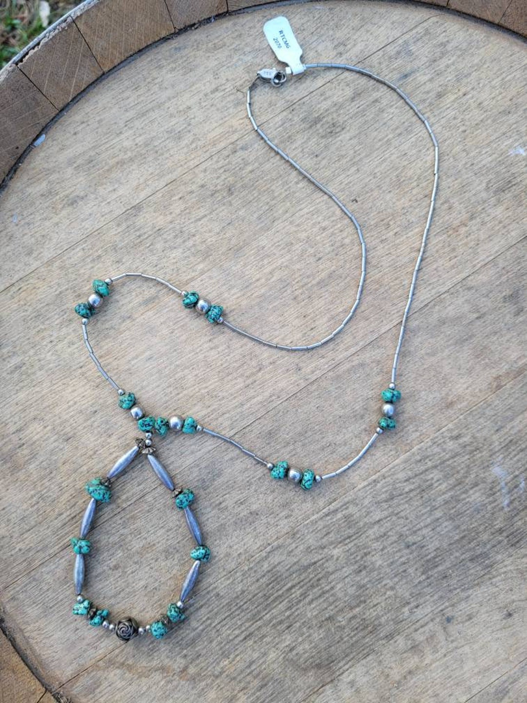 80’s Turquoise Chunk Necklace Liquid Silver and Gemstone Jewelry
