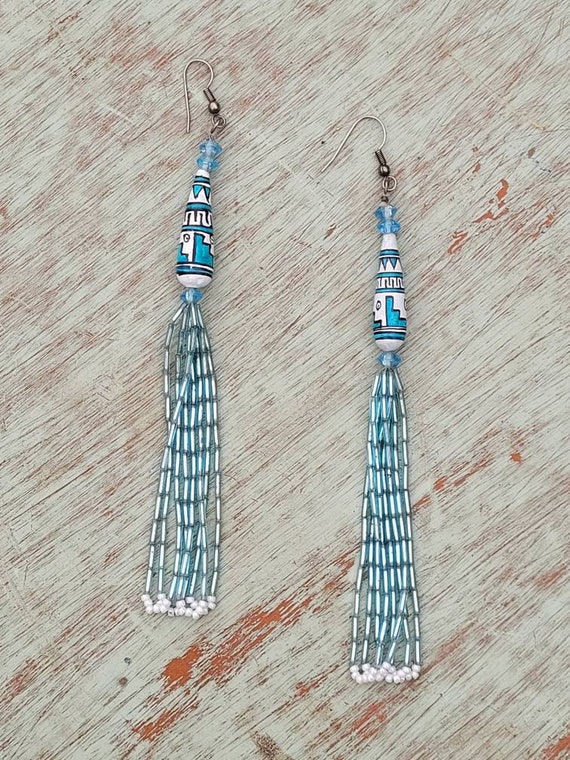 Hand Painted Long Beaded Tassel Earrings