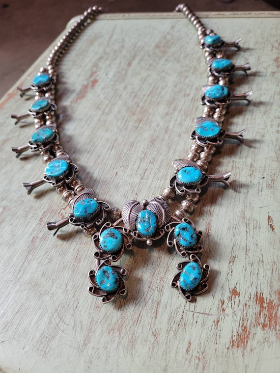 Vintage Navajo Squash Blossom Necklace Sterling Silver & Turquoise: Signed  CHOEN