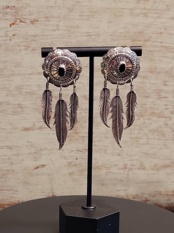 Onyx Concho & Feather Dangle Earrings