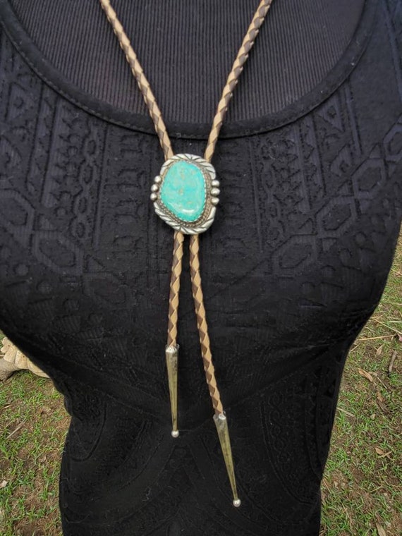 Vintage Two Tone Leather and Turquoise Bolo Tie - image 2