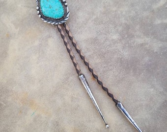 Vintage Two Tone Leather and Turquoise Bolo Tie
