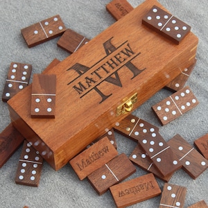 Personalized Double 6 Dominoes Set, Acacia Wood Tiles, Custom Engraved Gift Box