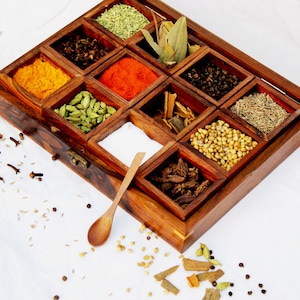 wooden spice box | wooden spice organizer | wooden box for spices | sheesham box for spices | spice box with compartments jars