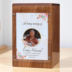 Personalized Wooden Urn with Flowers and Picture , Beautiful and Unique Urn , urn for ashes adult male