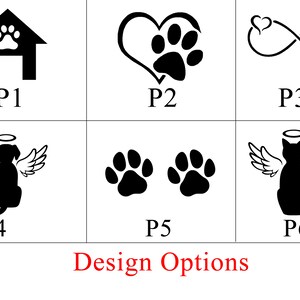 K&ouml;nnte beinhalten: Sechs verschiedene Designoptionen f&uuml;r ein Haustier-Gedenkst&uuml;ck. Die Designs beinhalten ein Haus, ein Herz mit einem Pfotenabdruck, ein Unendlichkeitszeichen mit einem Pfotenabdruck, einen Hund mit Engelsfl&uuml;geln, zwei Pfotenabdr&uuml;cke und eine Katze mit Engelsfl&uuml;geln.
