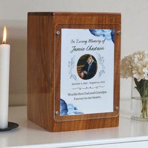 Personalized Wooden Photo Urn For Dad , Urn For Dad Ashes , Solid Wood Urn with Picture , Big Urn for Adults , Custom Urns