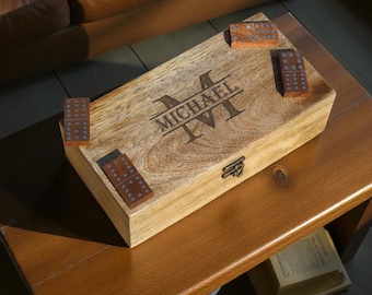 Personalized Wooden Dominoes Set, Mexican Train Game, Engraved Box