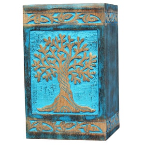 Personalized Blue Cremation Wooden Urn with Carved Tree of Life , Solid Wood Urn, Eco friendly urn Capacity 200 lbs